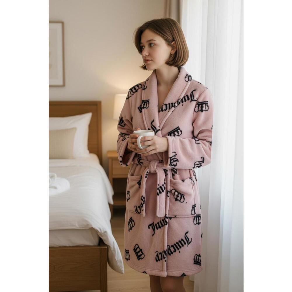Juicy Couture Pink Fleece Robe‎ with Black Logo Print